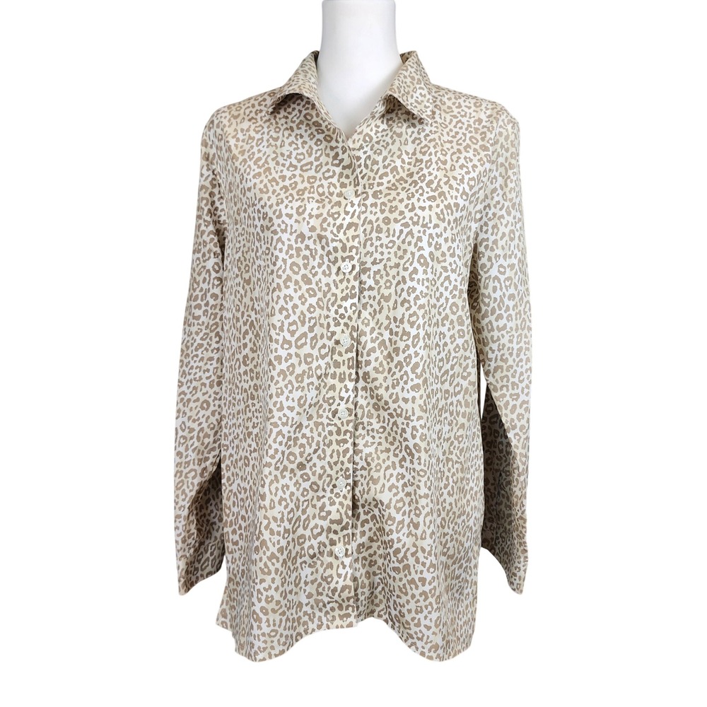 Chicos 2 No-Iron Button Down Shirt Top Womens 12 Tan White Cotton Leopard Casual